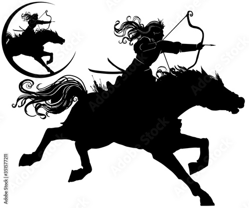 The silhouette of an elf girl riding a horse with a bow in her hands, pulling an arrow ready to shoot, her long hair flying in the wind.  2D illustration.