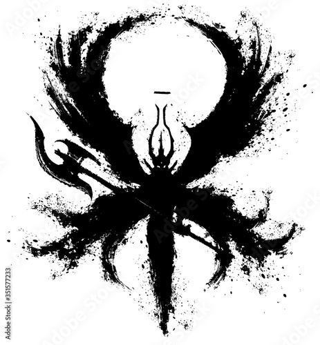 The silhouette of an elegant horned demon with huge four wings, and a halberd in his hands. 2D illustration.
