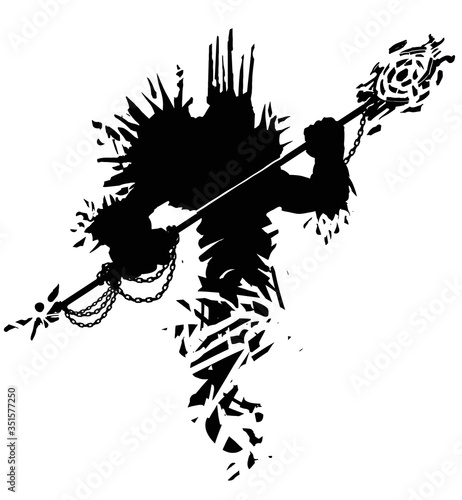 Silhouette of a fairy Golem consisting of many small stones, with a crown on his head, holding a magic staff wrapped in chains .  2D illustration.