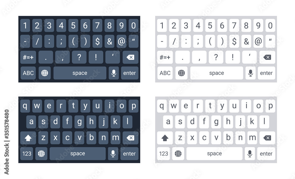 Situatie pk raket Phone keyboard mockup, qwerty keypad alphabet buttons and numbers in flat  style, mobile phone tab concept for text app in light and dark mode, vector  illustration. Social media panel for devices. Stock