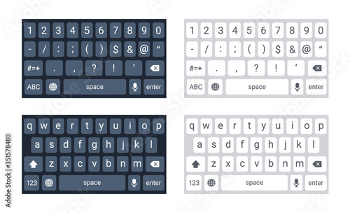 Phone keyboard mockup, qwerty keypad alphabet buttons and numbers in flat style, mobile phone tab concept for text app in light and dark mode, vector illustration. Social media panel for devices.