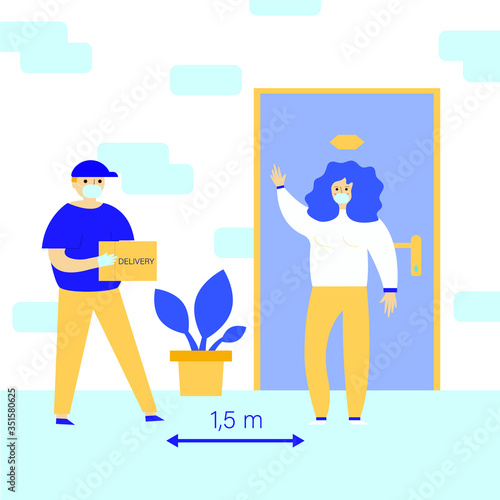 Contactless delivery. Package is next to the door to the house in flat style. Goods are delivered to the door. Stay at home concept. Concept of quarantine and prevention of spread of coronavirus.
