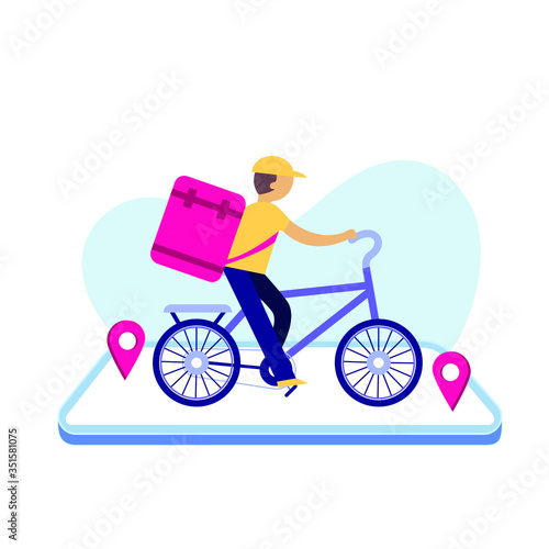 Delivery man rides a bicycle. Bike for delivery in flat style. Concept of delivery service, courier service, goods shipping, food online ordering in flat. 