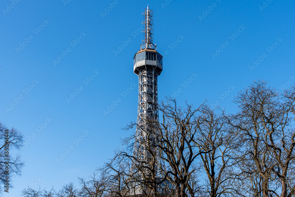 Obraz premium Petrin Tower. Detailed view on sunny day with blue sky background. Prague, Czech Republic