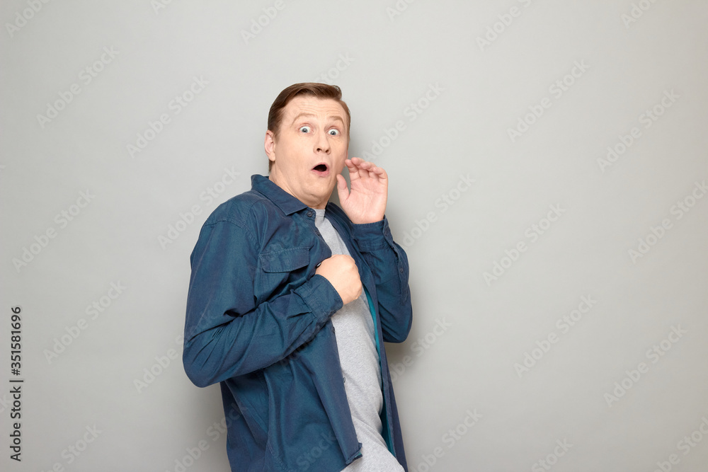 Portrait of shocked frightened man with widened eyes and opened mouth Portrait of shocked frightened man with widened eyes and opened mouth