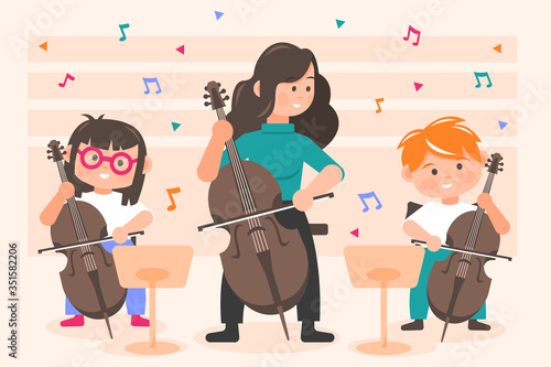 Perfomance, orchestra concept. Little happy children kids boy and girl playing cello with woman teacher on concert at theater opera. Lesson of classical music practicing in symphony band illustration.