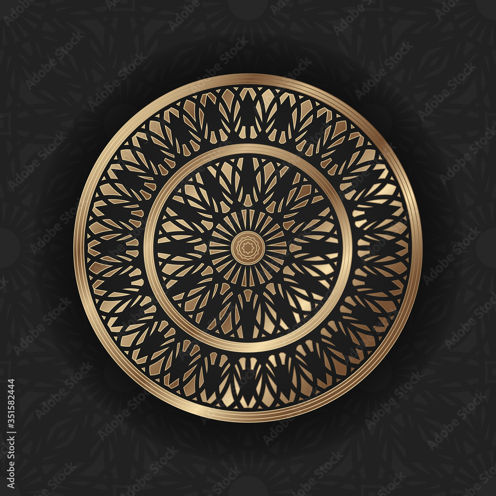 Abstract circular gold mandala.Isolated on black background.Vector illustration.