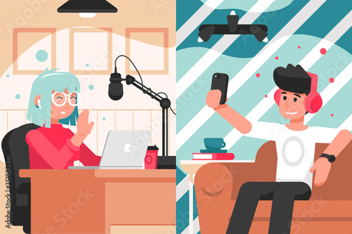 Broadcast, blogging, communication, collavoration interview concept. Man woman boy girl social media or network bloggers collaborate on live streaming together. Podcast or video recording in studio.