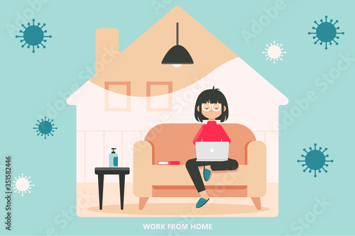 Quarantine, coronavirus, covid19 concept. Woman girl freelancer sitting at home working at laptop. Self isolation preventive measures during lockdown outbreak of 2019ncov virus infection illustration.