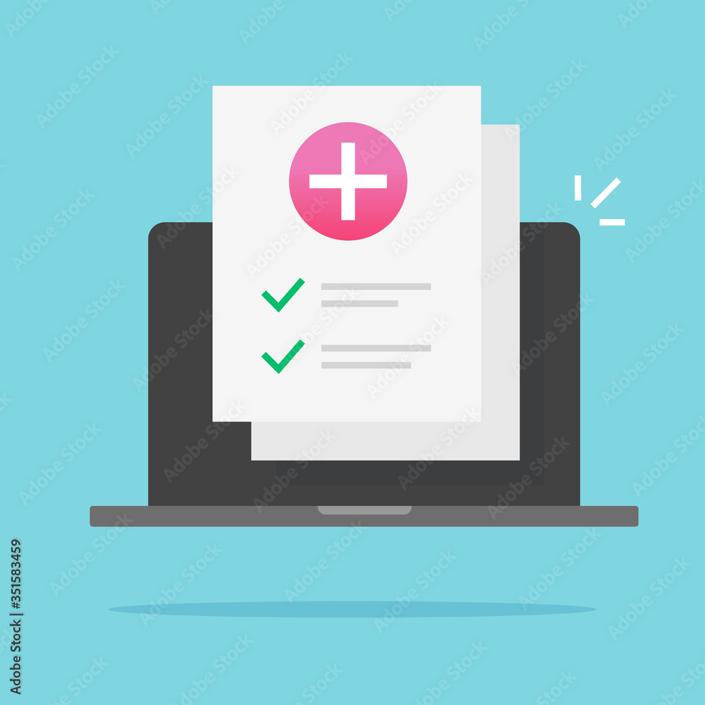 Medical document health check up list online on laptop computer or pc with internet digital paper sheet checklist with test results information vector flat cartoon icon, concept of healthcare report Medical document health check up list online on laptop computer or pc with internet digital paper sheet checklist with test results information vector flat cartoon icon, concept of healthcare report