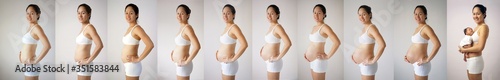 Series of pictures showing asian mother with her growing belly