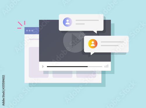 Online website video chat comments or webinar training tutorial discussion vector flat cartoon, illustration of video player window in internet web browser with speech bubbles modern design image
