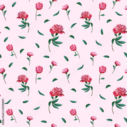 Seamless floral pattern with flowers - pink Peony on a light background.