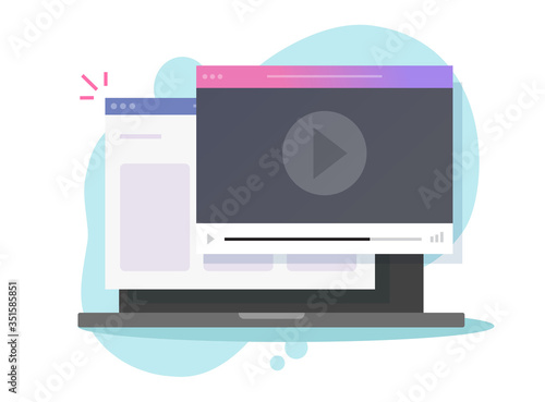 Internet video online player on laptop computer website window or pc movie watch web service vector flat cartoon, illustration of player in browser streaming film or multimedia modern design