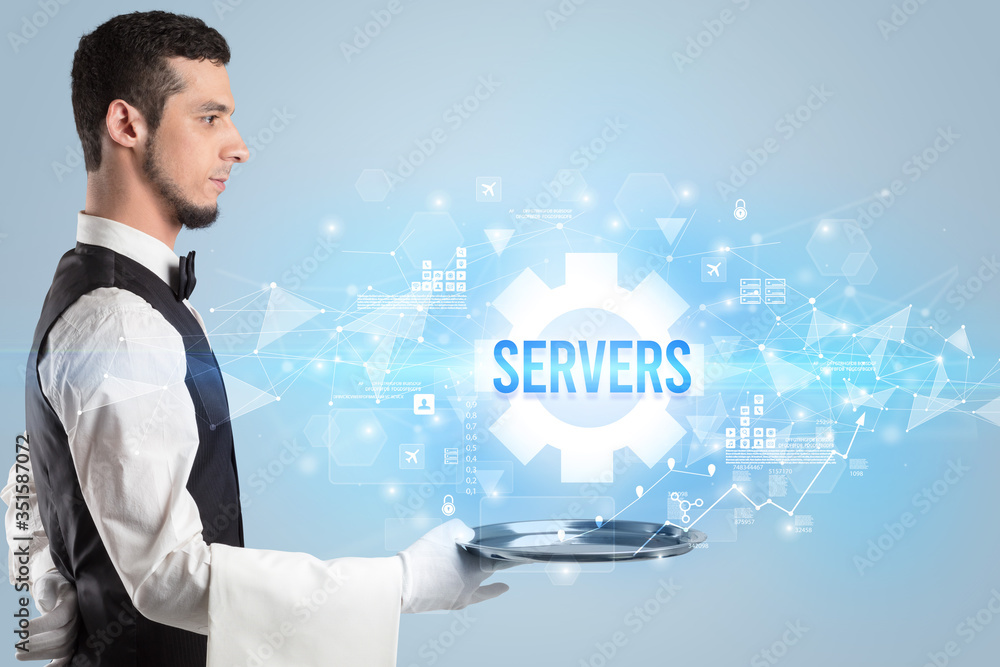 Waiter serving new technology concept with SERVERS inscription Waiter serving new technology concept with SERVERS inscription
