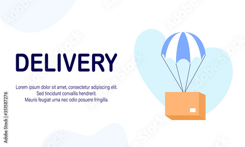 Packages are flying on parachutes. Contactless delivery. Delivery service, courier service, goods shipping, food online ordering in flat vector. 