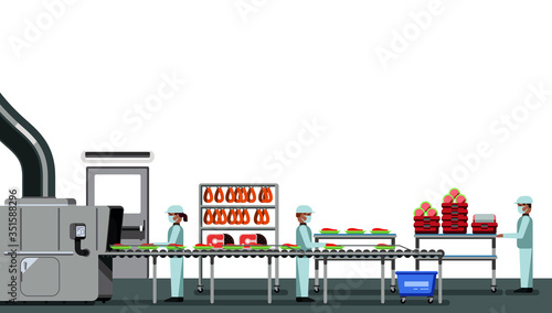 Meat factory with workers on white background, industrial equipment, interior of the factory, social distancing, food industry vector illustration
