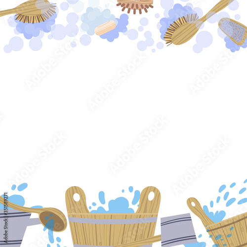Frame with attributes and detals for sauna bath. Vector illustration.