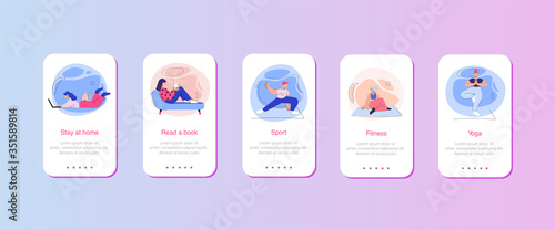 Mobile UX UI interface template, application interface framework. Vector illustration for web design. Stylized cartoon characters. Heroes are engaged in fitness, yoga, relax at home and read.