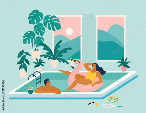 Couple spend summer vacation at swimming pool during quarantine. Stay at home during summer. Summer at home. Party on the screen of a mobile device. Summer season with woman Sunbathing enjoy concept.