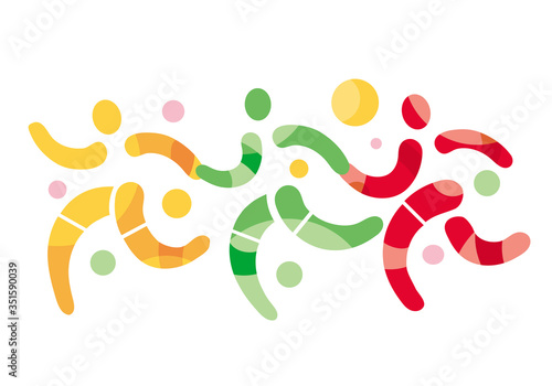 Happy running friends holding hands.Decorative stylized illustration of three running people.Symbol of happiness and friendship. Isolated on white background. Vector available.