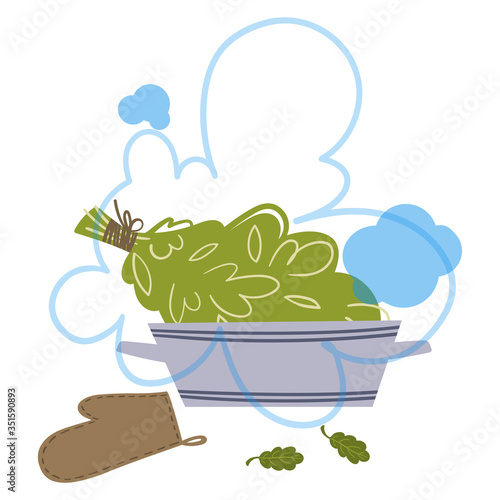 Picture with attributes and details for sauna bath. Vector illustration.
