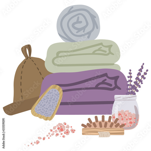 Picture with attributes and details for sauna bath. Vector illustration.