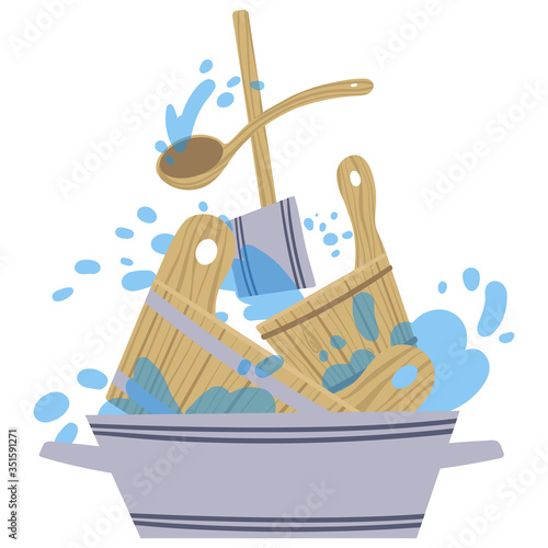 Picture with attributes and details for sauna bath. Vector illustration.