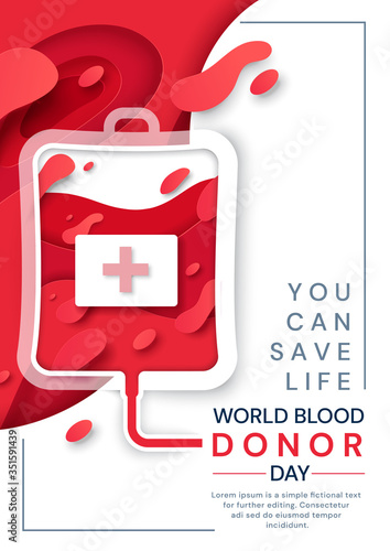 You Can Save A Life - World Blood Donor Day red themed poster design with blood in a transfusion bag and text, colored vector illustration