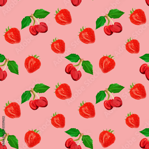 gouache seamless pattern with fruits and berries cherry and strawberry on a pink background, vegetarian pattern for diet, healthy eating. Use as restaurant menu, packaging, product design,textile