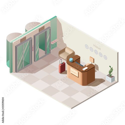 Isometric hotel reception hall interior, company office with receptionist desk, armchair, waiting area, elevators and bag. Hotel lobby with different time zones clocks on wall 3d vector illustration photo