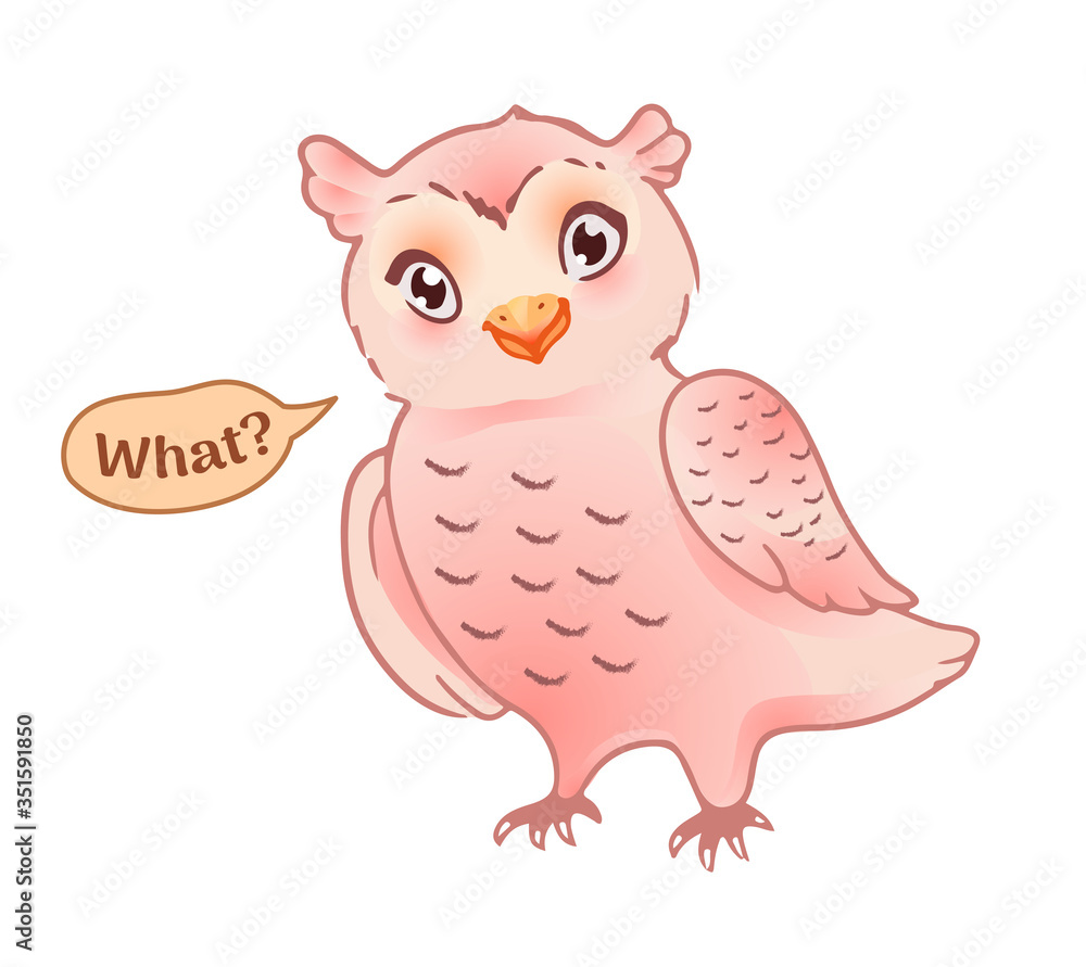 Fototapeta premium Cute owl in confusion. Funny cartoon emoji or smiley in a children's style