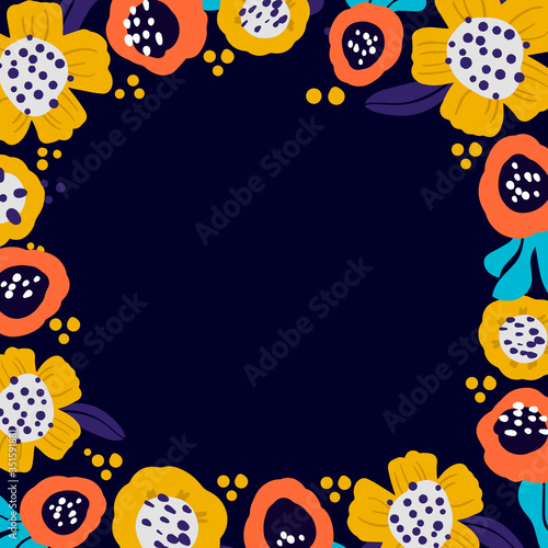 Vector frame with doodle color flowers. Colorful flowers