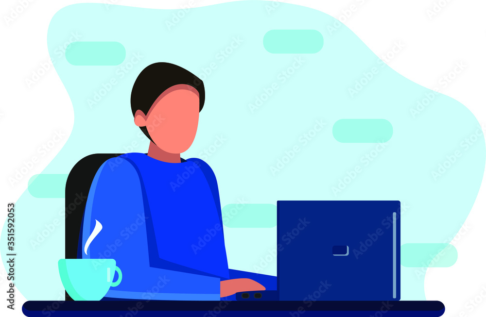 the man works sitting at a table with a laptop. Boy programmer, designer, freelancer, concept of remote work from home the man works sitting at a table with a laptop. Boy programmer, designer, freelancer, concept of remote work from home