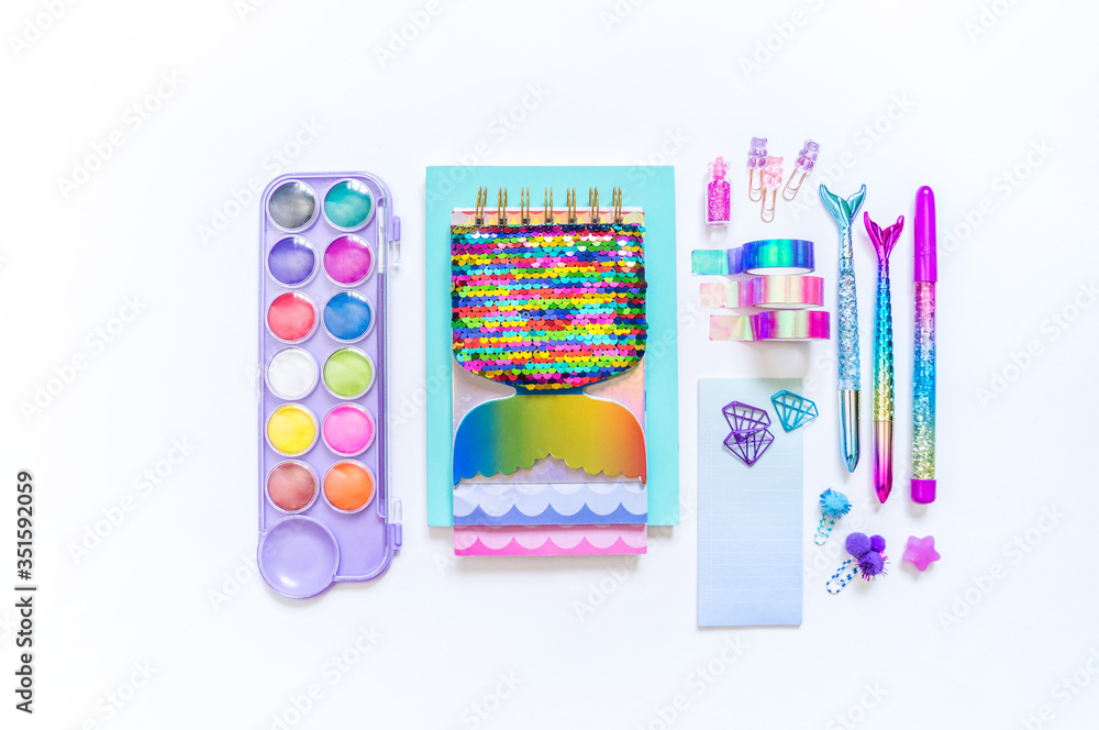 School supplies. Stylish stationery in neon mermaid with sparkles.