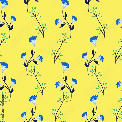 Vector seamless  pattern with  leaves and  flowers on yellow  background.  Fl...