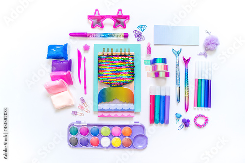 School supplies. Stylish stationery in neon mermaid with sparkles.