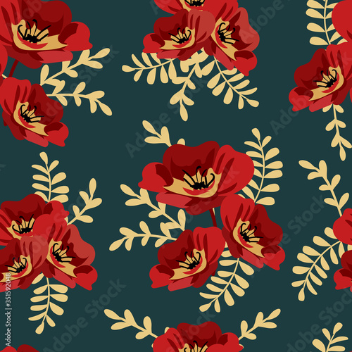 Vector seamless  pattern with  leaves and  flowers on dark background.  Flora...