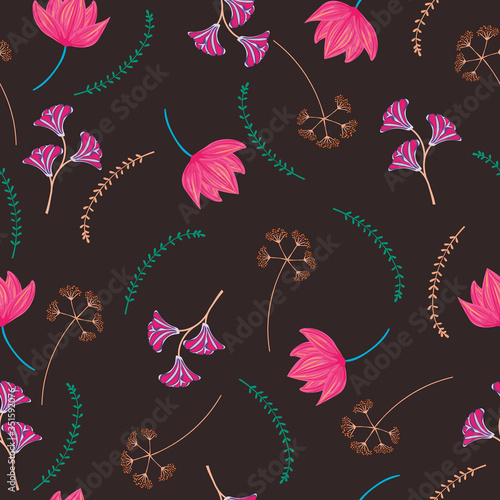 Vector seamless  pattern with  leaves and  flowers on dark background.  Flora...
