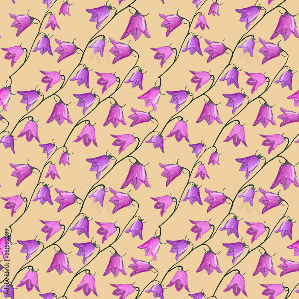 seamless pattern with bellflowers campanula flowers on light beige background. Floral background in gouache. Holidays presents and gifts wrapping paper For textiles,packaging,fabric,wallpaper