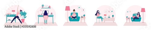 Stay home concept.Girl doing yoga,working from at home office and surfing on internet using tablet.Self isolation, quarantine due to Coronavirus. Set of flat vector illustration of home activities.