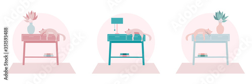 Living room interior design with sleeping cat and furniture: console table, vase with flowers,books,lamp and carpet.Set of modern interior design flat vector illustrations.