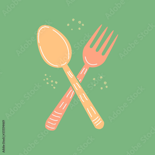 Vector flat cartoon illustration of a fork and spoon. Kitchen tools, utensils and kitchen accessories on a dark green background.