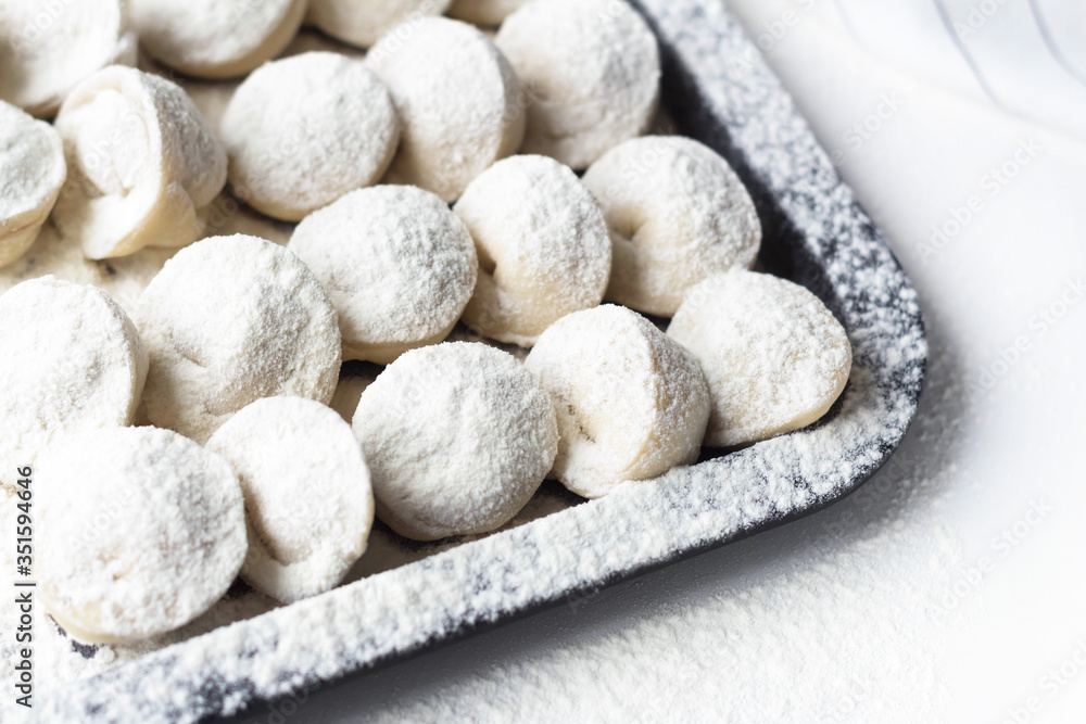 dumplings lie on a tray, sprinkled with flour, sculpt dumplings dumplings lie on a tray, sprinkled with flour, sculpt dumplings