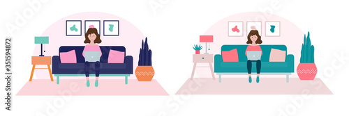 Stay home concept.Set of girl sitting on a sofa and working from home flat vector illustrations.Self isolation, quarantine due to Coronavirus. Freelance or studying concept.
