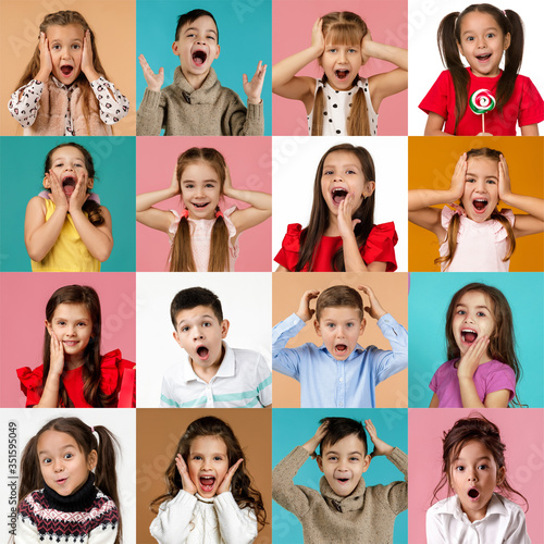 collage of happy surprised faces of kids. smiling child girls and boys expressing different positive emotions. Human emotions, facial expression concept.