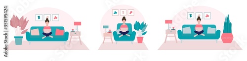 Stay home concept.Set of girl sitting on a sofa and working from home flat vector illustrations.Self isolation, quarantine due to Coronavirus. Freelance or studying concept.