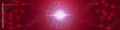 Red technology background with various technological elements. The concept of innovative high-tech communications. Digital technology and engineering.