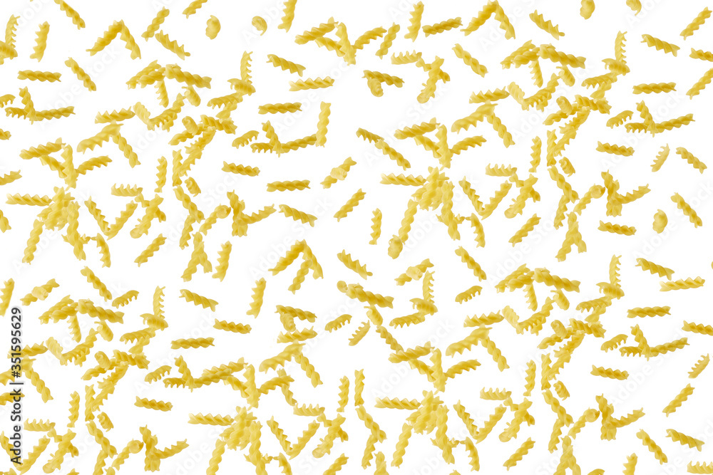 Italian flying raw pasta isolated on white background. macaroni fusilli falling background Italian flying raw pasta isolated on white background. macaroni fusilli falling background