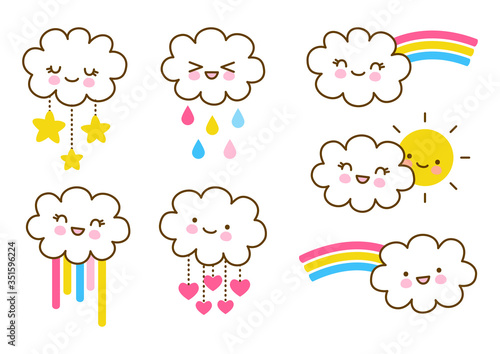 Cute little clouds with raindrops, rainbows, stars, hearts and sun - kawaii elements for kids design